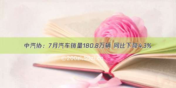 中汽协：7月汽车销量180.8万辆 同比下降4.3%