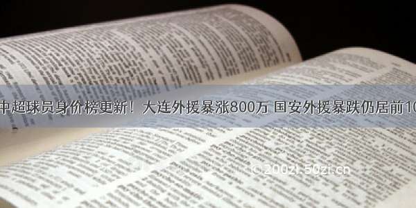 中超球员身价榜更新！大连外援暴涨800万 国安外援暴跌仍居前10