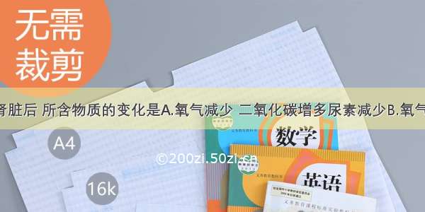 血液流经肾脏后 所含物质的变化是A.氧气减少 二氧化碳增多尿素减少B.氧气增多 二氧