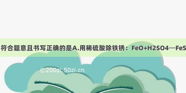 下列化学方程式符合题意且书写正确的是A.用稀硫酸除铁锈：FeO+H2SO4═FeSO4+H2OB.医疗