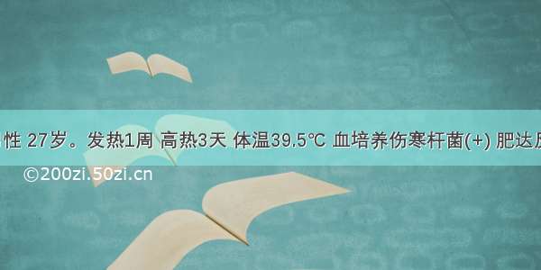 患者 男性 27岁。发热1周 高热3天 体温39.5℃ 血培养伤寒杆菌(+) 肥达反应O H