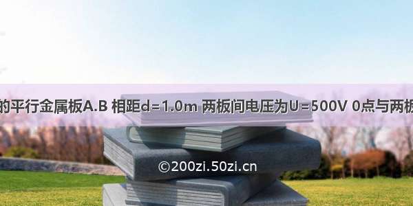 两块竖直放置的平行金属板A.B 相距d=1.0m 两板间电压为U=500V 0点与两板距离相等.在O