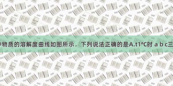 a b c三种物质的溶解度曲线如图所示．下列说法正确的是A.t1℃时 a b c三种物质的