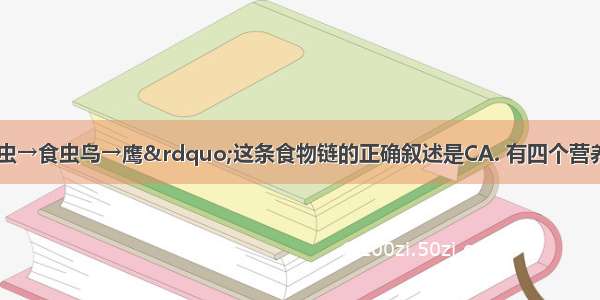 对“草→昆虫→食虫鸟→鹰”这条食物链的正确叙述是CA. 有四个营养级 2个次级消费者