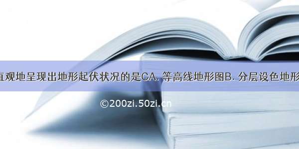 下列最能直观地呈现出地形起伏状况的是CA. 等高线地形图B. 分层设色地形图C. 地形